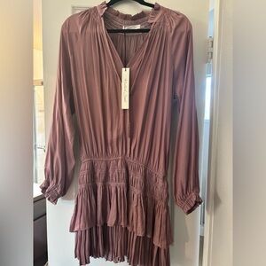 Mustard Seed Tiered Long Sleeve Silk Ruched Dress in Rose Mauve